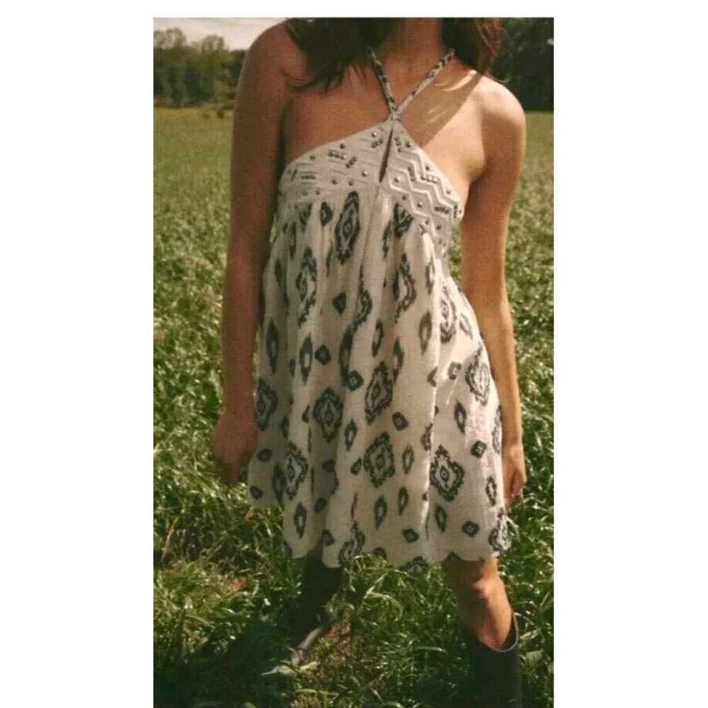 Zara Womens Printed Halter Dress Mini Ecru Black XS Studded 0881/315 NWT 16" P …